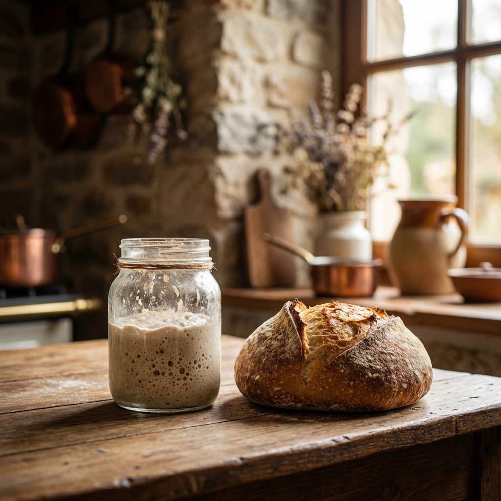 A freshly baked sourdough loaf and an active starter jar